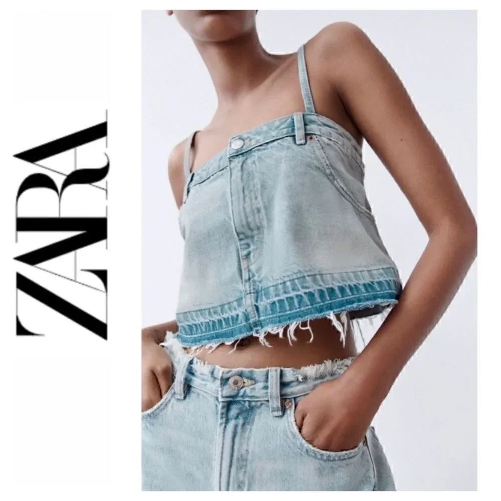 NWT Zara Light Wash Raw Released Hem Mini Skirt Effect Denim Cropped Top, XS